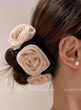 韩国东大门新款高级感复古玫瑰花朵珍珠点缀粉色温柔大肠发圈发绳