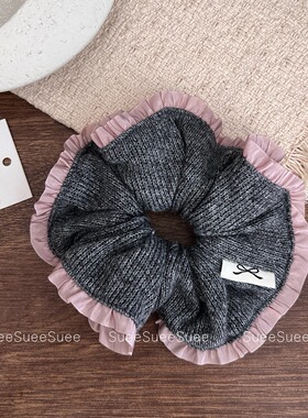 韩国粉色花边灰色针织褶皱大肠发圈女慵懒风百搭气质丸子头绳发绳