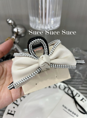 韩国东大门白色水钻珍珠链条点缀高级感缎面蝴蝶结在逃公主鲨鱼夹