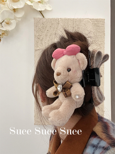 韩国东大门毛绒蝴蝶结超可爱小熊公仔香喷喷毛呢蝴蝶结超大鲨鱼夹