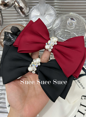 韩国东大门高级新年红色水晶珍珠水钻超大双层蝴蝶结缎面公主弹夹