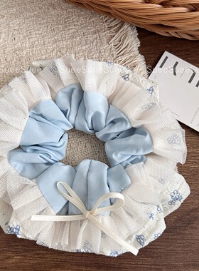 韩国东大门新款蓝色小花甜美AB面拼色肠圈丝带蝴蝶结花边丸子头绳