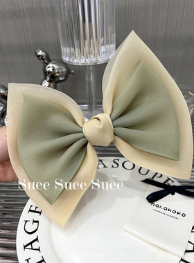 韩国东大门超美薄荷黄绿色薄纱超大蝴蝶结高级感在逃公主顶夹发饰