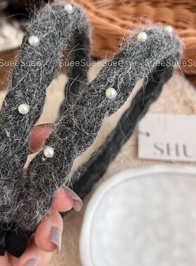 韩国东大门灰色秋冬毛线珍珠发箍高级感气质百搭发饰设计感头箍女