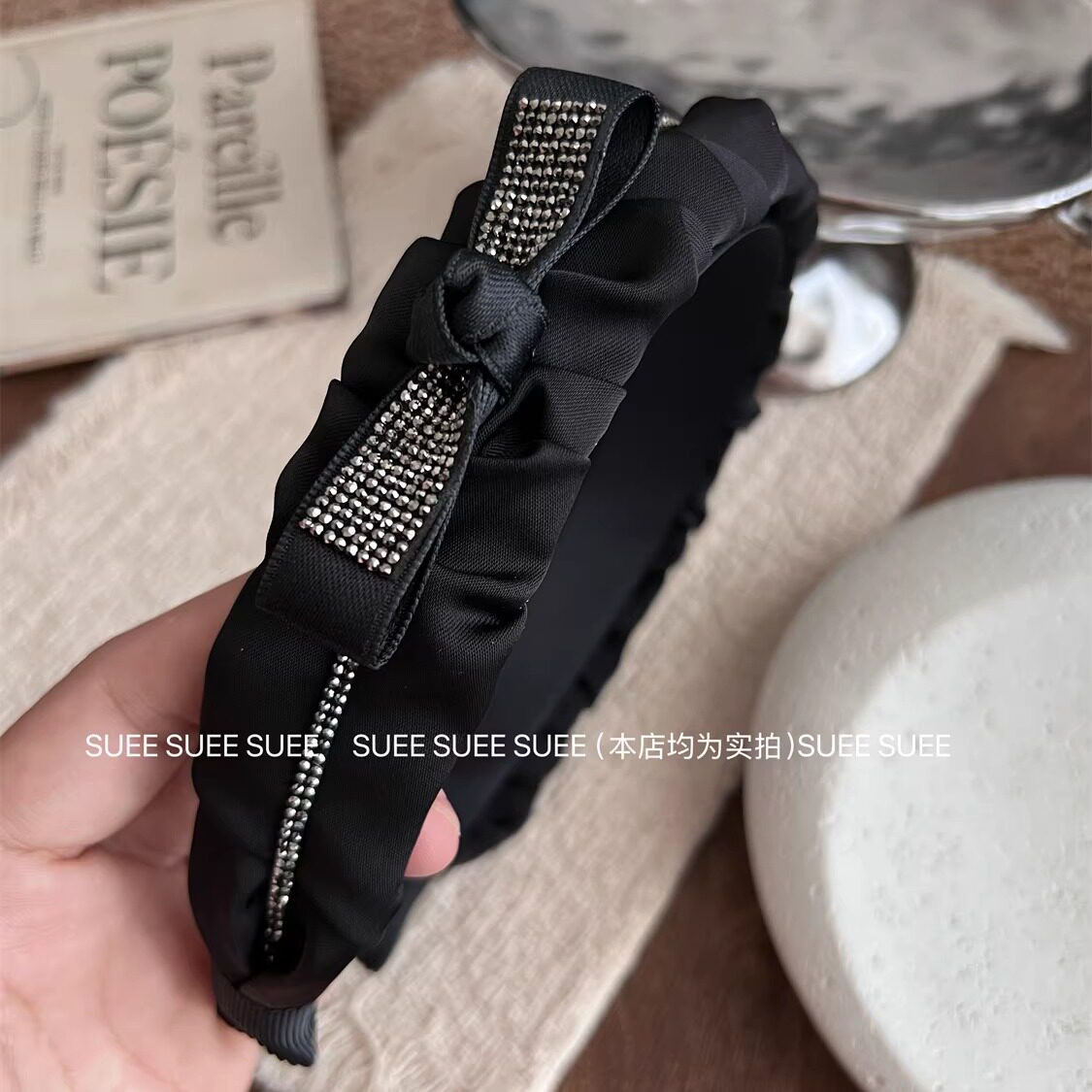 韩国原版blingbling蝴蝶结精致复古黑色发箍镶钻宽边发带时尚头箍