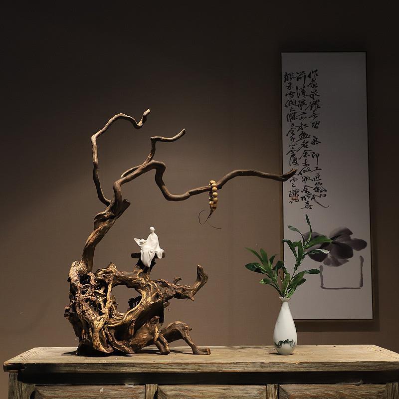 枯木风化根雕新中式禅意桌面摆件玄关电视柜边几茶桌创意家居直销