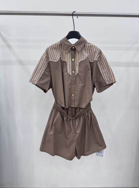 复古条纹拼接短袖连体短裤女夏季翻领收腰显瘦休闲工装衬衫连身裤