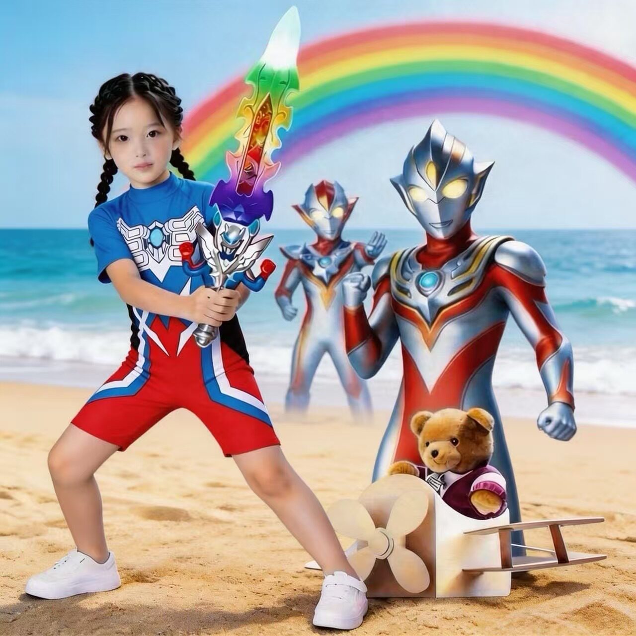 夏季新款女童赛罗迪迦速干防晒泳装男童奥特曼男孩连体游泳衣泳裤