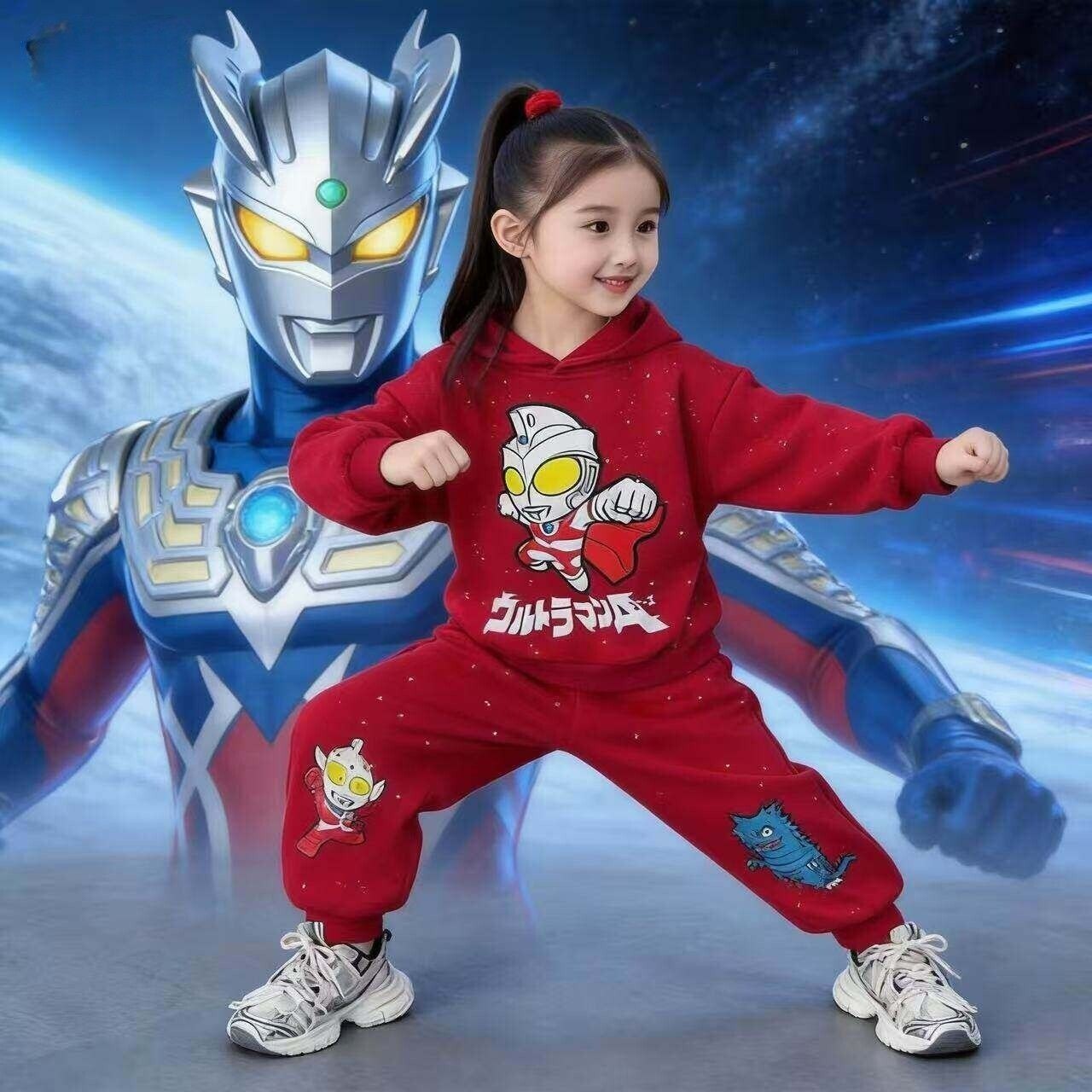 女童奥特曼卫衣套装2026春秋新款女孩连帽洋气洒银运动裤子两件套