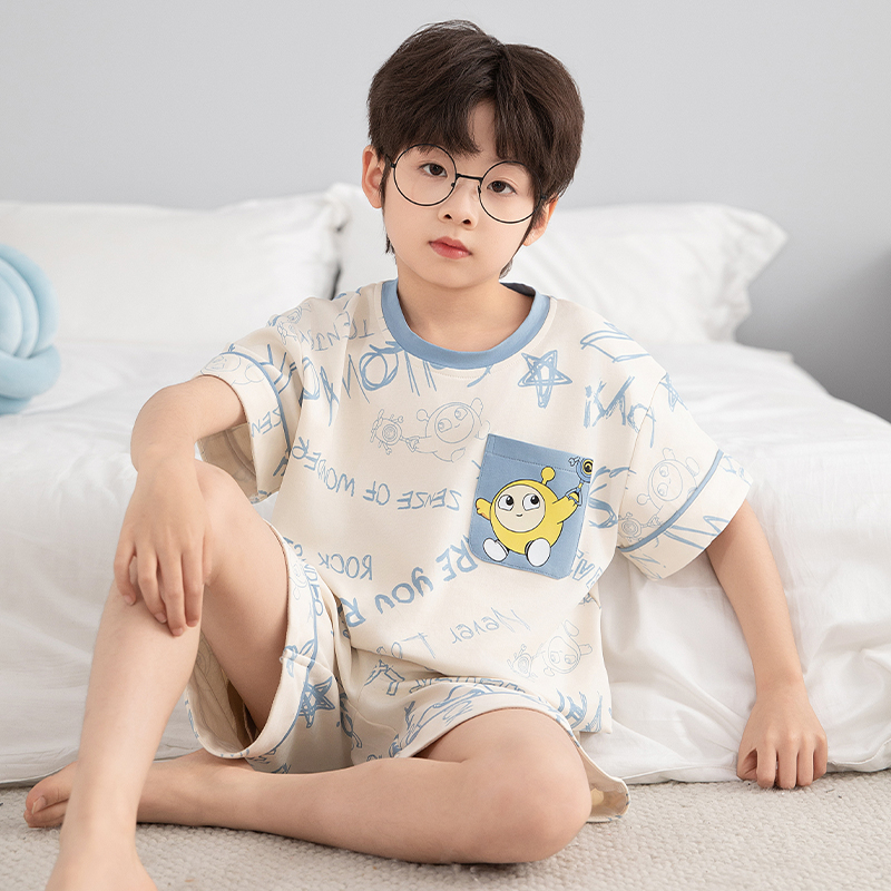 蛋仔派对男童睡衣2025新款夏季纯棉中大童薄款短袖儿童家居服套装