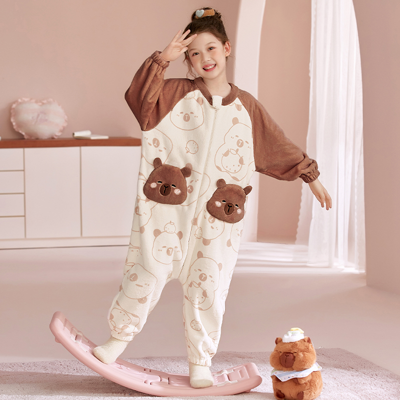 卡皮巴拉女童珊瑚绒连体睡衣冬季防着凉中大童加厚法兰绒儿童睡袋