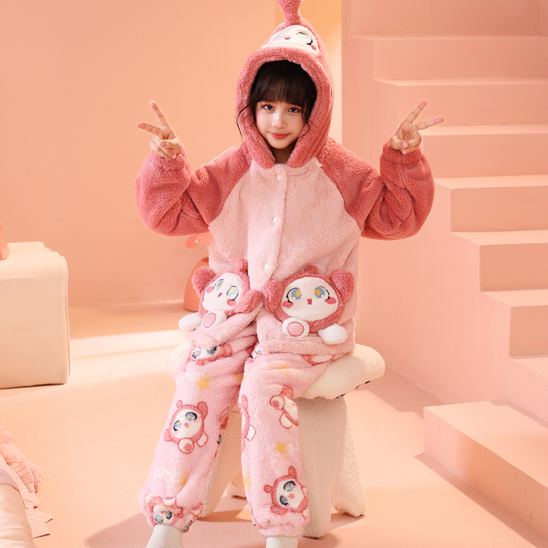 蛋仔派对女中大童珊瑚绒睡衣秋冬季加厚法兰绒可爱连帽家居服套装