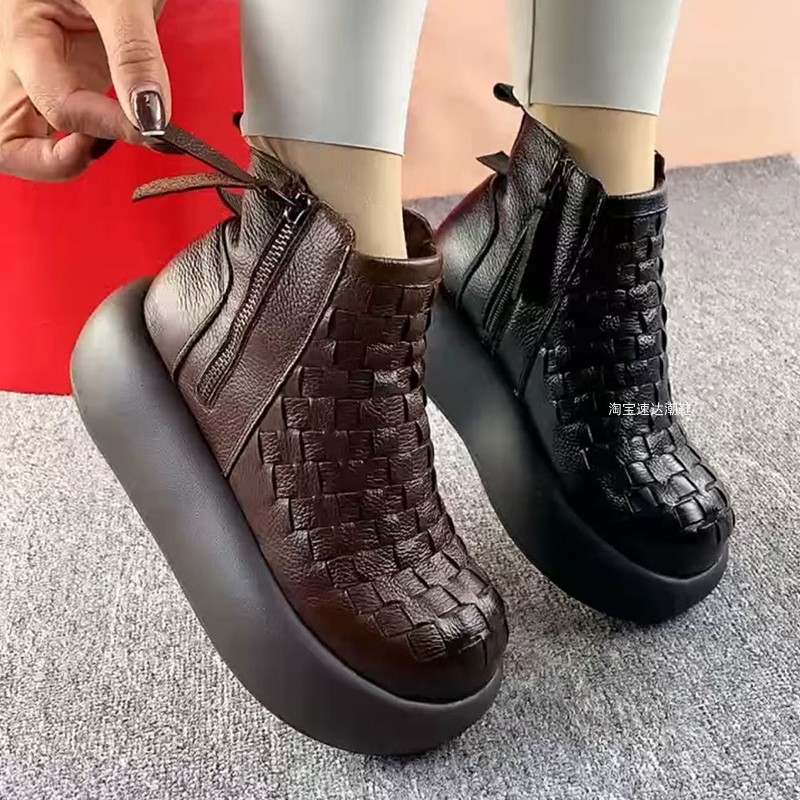 真皮短靴女牛皮圆头松糕厚底女靴