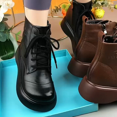 休闲厚底圆头真皮马丁靴加绒女靴