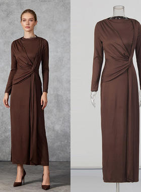 棕咖色扭结长裙2025冬季垂坠简约收腰长袖礼服连衣裙KDR550787X