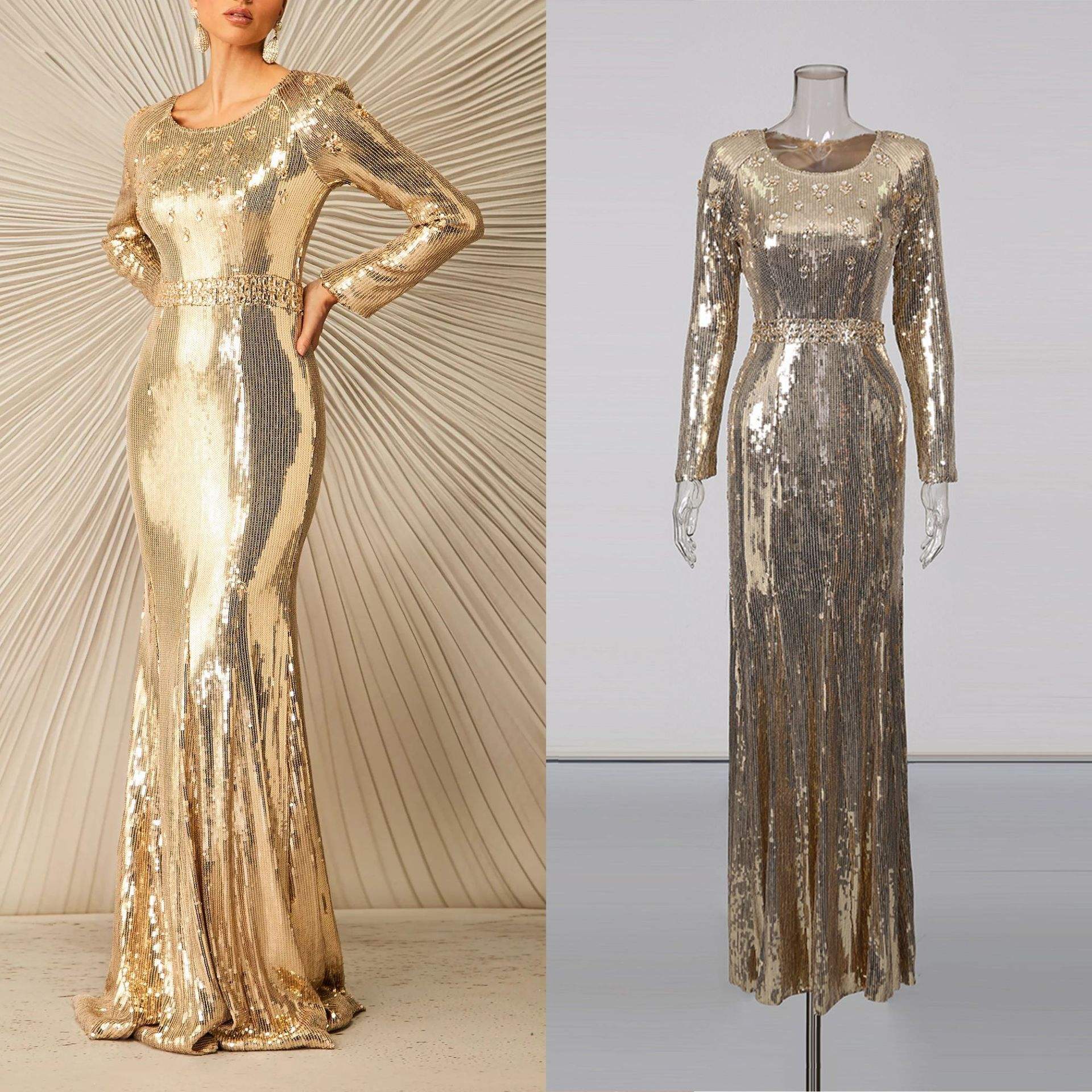欧美明星同款金色亮片拼接晚礼服长裙2025收腰连衣裙2025年冬季