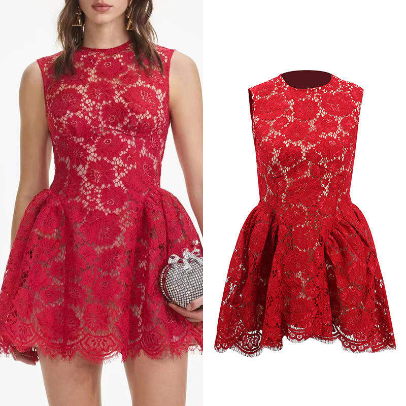 新款晨露花雾无袖裙子花艺蕾丝短裙2025圆领显胯蓬蓬裙连衣裙中腰