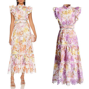 时尚波西米亚风格优雅风2025冬季圆领飞飞袖收腰碎花长款连衣裙女