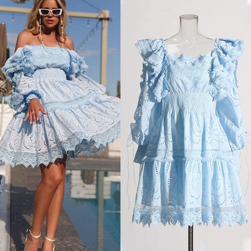 新款2025法式宫廷风飞飞袖蕾丝刺绣抽绳高级感连衣裙短袖单件棉涤