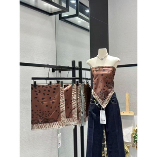 ueelook 复古时髦气质棕色豹纹辣妹丝巾抹胸上衣女高级感披肩围脖