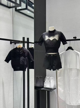 ueelook蕾丝云肩白月光透视心机蕾丝刺绣正肩短袖针织衫上衣