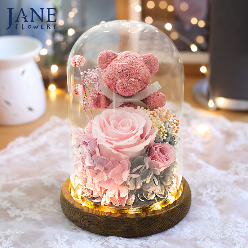 教师情人节JANE永生花束玫瑰花小熊玻璃罩礼物送女生闺蜜生日表白