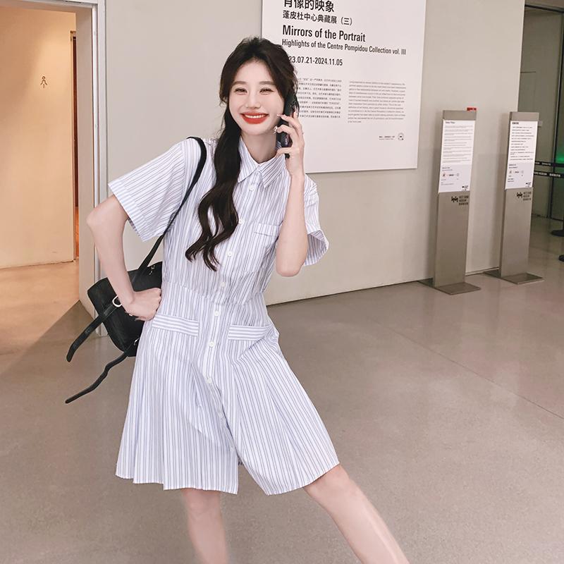 实拍蓝色条纹衬衫连衣裙女2026夏季新款小个子洋气学院风中长裙子
