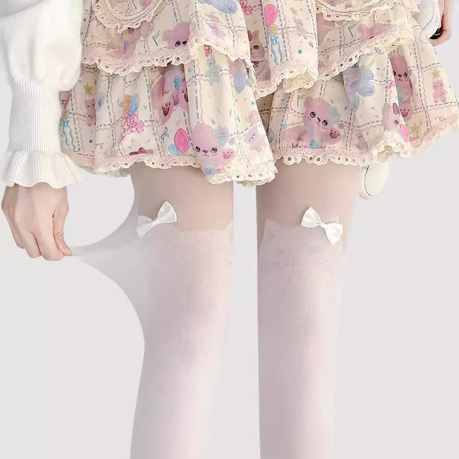 白色拼接丝袜猫咪蝴蝶结甜美纯欲风lolita洛丽塔假高筒打底连裤袜