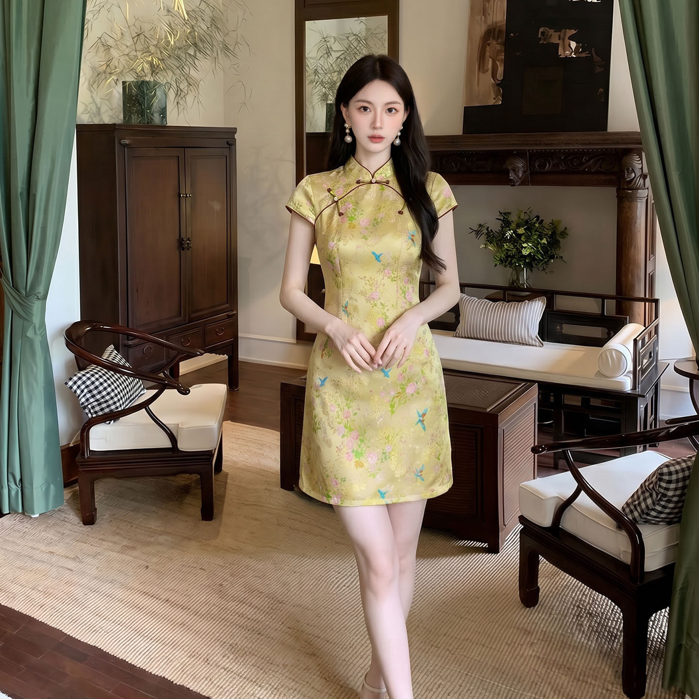 新中式改良旗袍夏季清新绿花鸟印花立领盘扣收腰显瘦连衣裙P05131