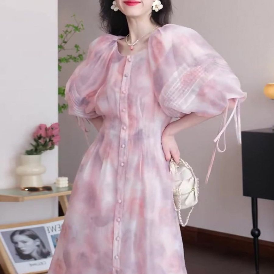 法式初恋粉色泡泡袖连衣裙2026新款女夏季高端欧货雪纺碎花长裙子