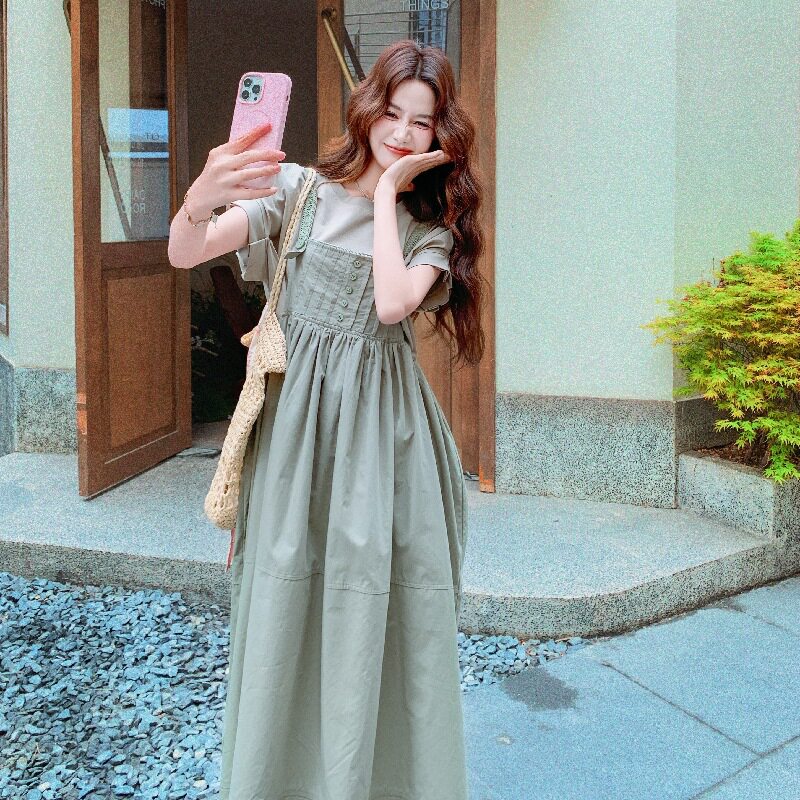 甜美风绿色连衣裙套装女2026夏季新款收腰显瘦气质短袖长裙两件套