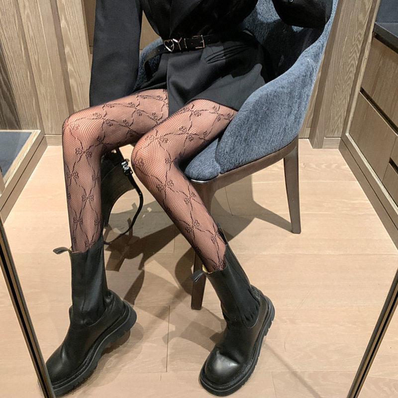 网红黑丝网袜蝴蝶结复古夜店性感渔网连裤袜丝袜女春季款打底光腿