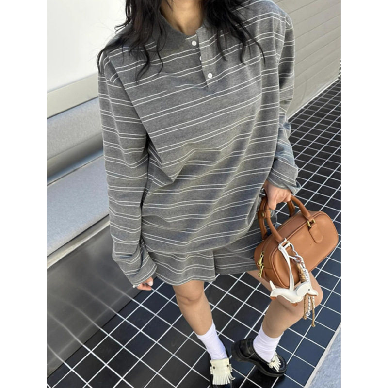 运动套装套装女2025夏季穿搭慵懒感宽松条纹polo领卫衣短裤两件套
