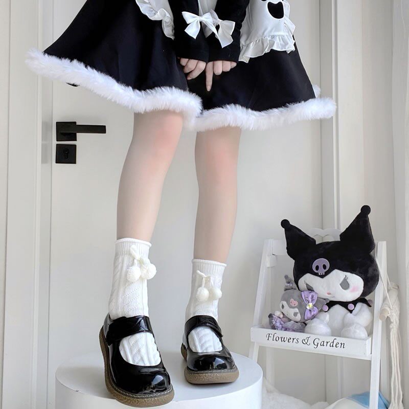 Lolita甜美兔耳朵袜秋冬保暖毛绒袜堆堆袜可爱毛球中筒袜毛线袜