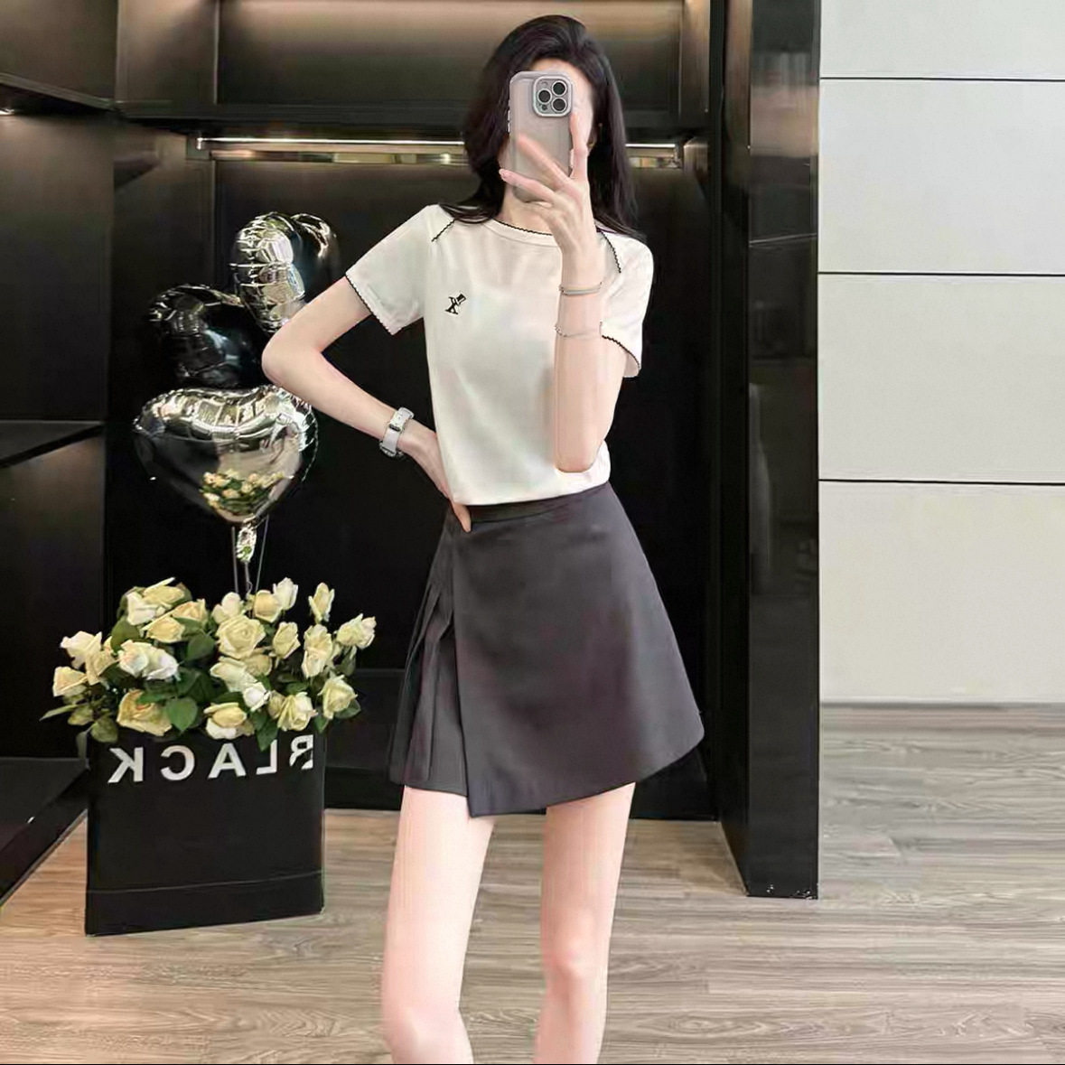 夏装小个子减龄穿搭一整套显瘦气质白色T恤A字短裙时尚两件套装女
