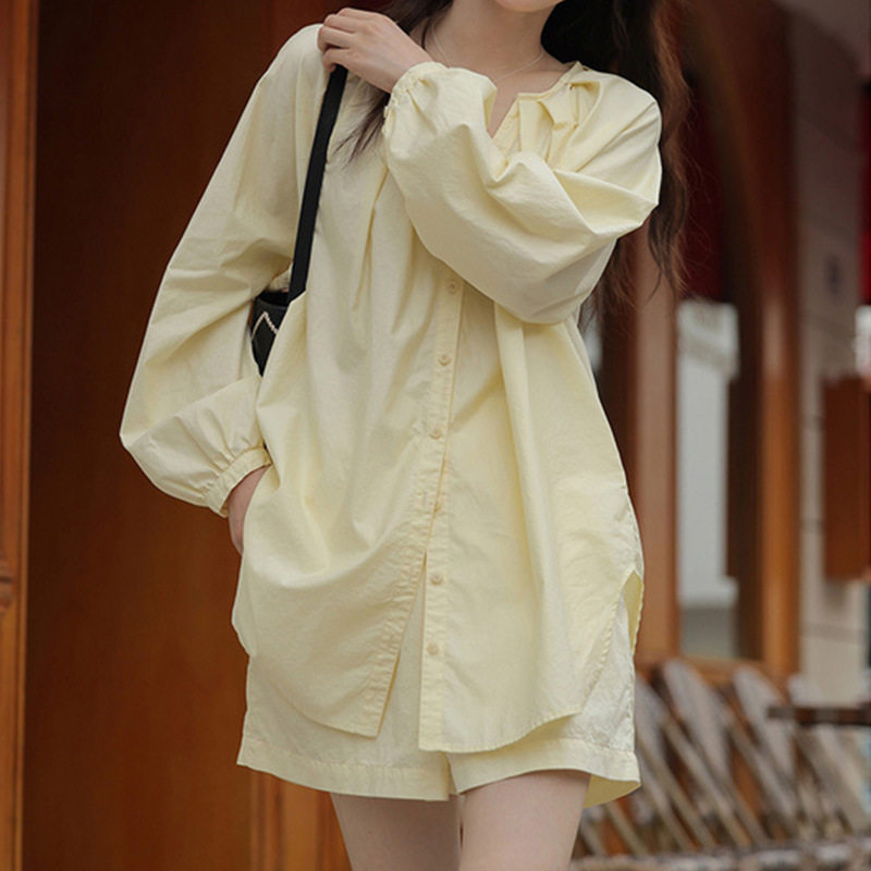 2025夏季女式衬衫氧气感冰沙淡黄色夏秋休闲女套装防晒女时尚休闲