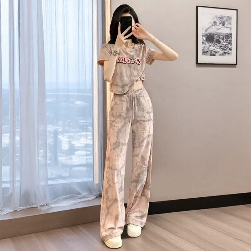 欧货潮牌休闲运动套装女2026夏时尚减龄短款短袖T恤阔腿裤两件套