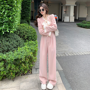 小香风粉色套装女春秋2025新款盐系减龄气质休闲运动阔腿裤两件套