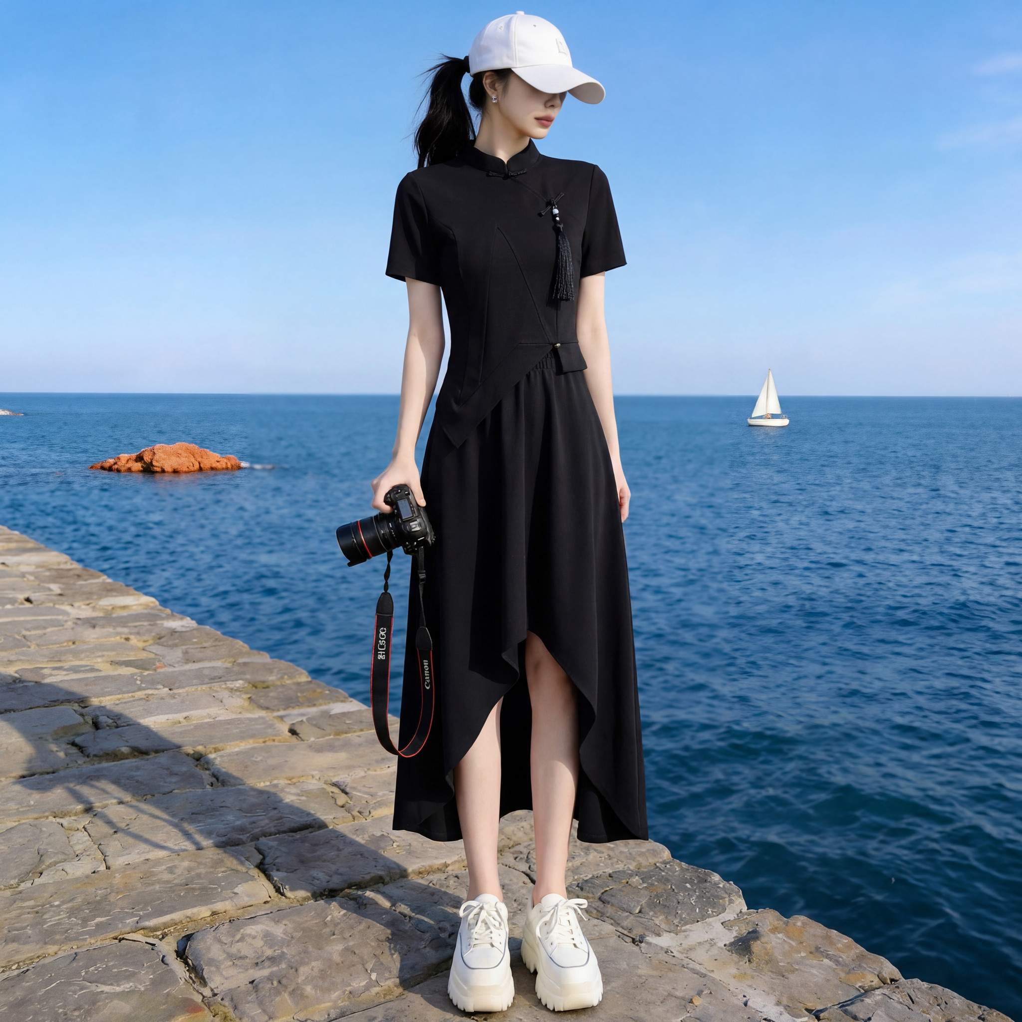 新中式立领短袖显瘦两件套女夏