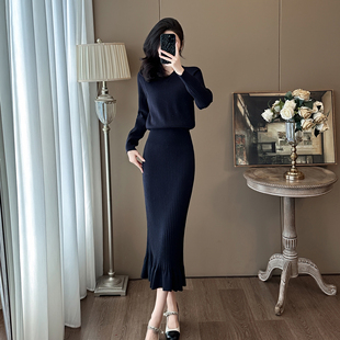 极简风针织连衣裙女长袖修身显瘦包臀鱼尾裙气质通勤2026新款春装