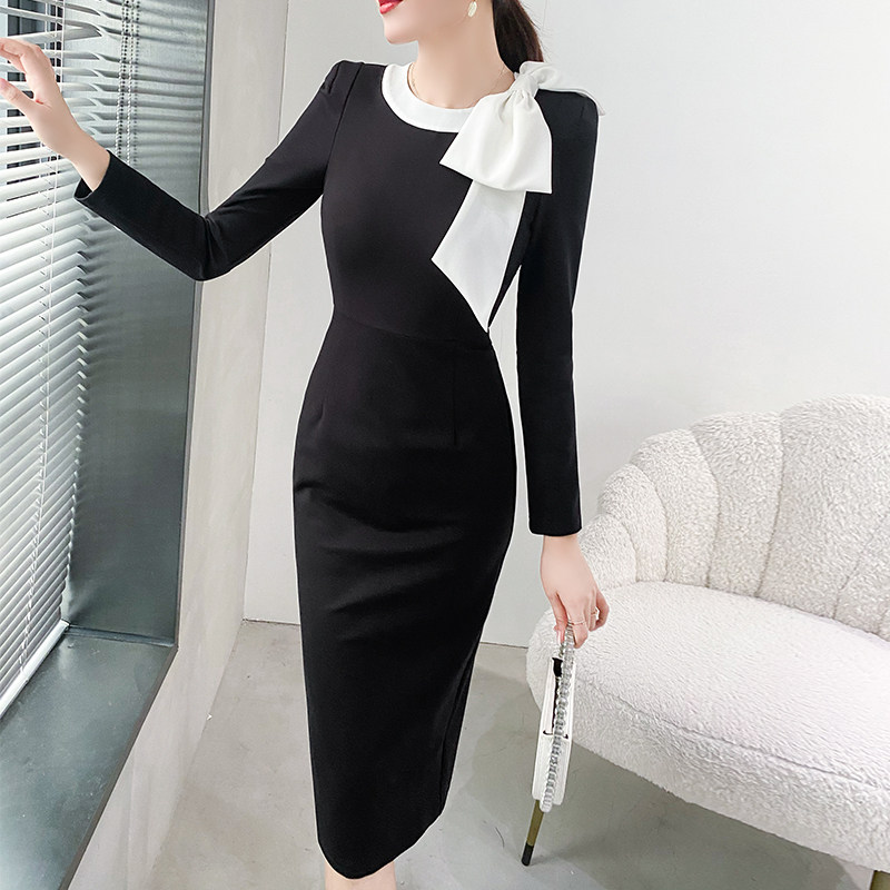 女装2025新款春装修身长袖裙子高级感坠感裙蝴蝶结红色礼服连衣裙