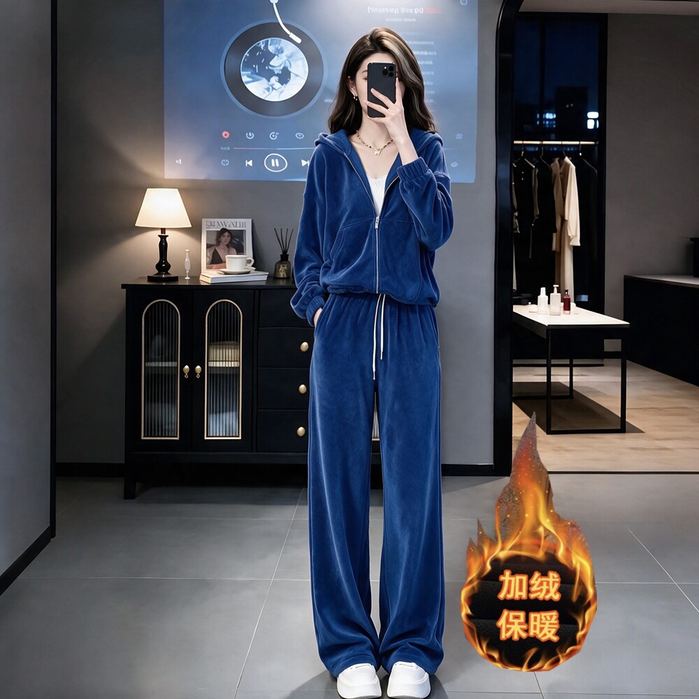 蓝丝绒秋冬加绒保暖运动套装女