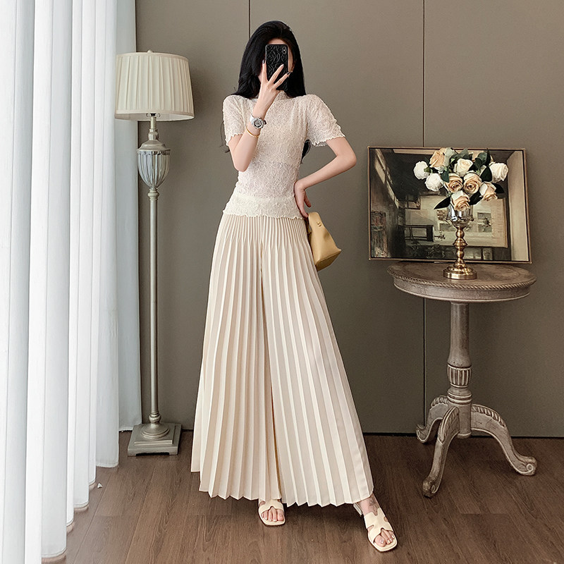 2025夏季新款时尚套装女高级感气质名媛蕾丝显瘦阔腿裤两件套法式