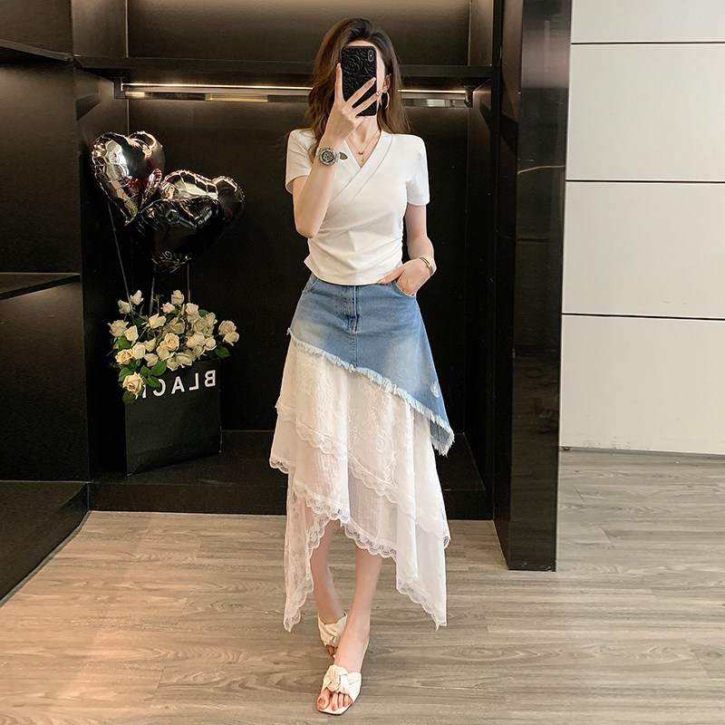 夏季小个子高级感气质牛仔拼接蕾丝半身裙两件套女装套装显瘦遮肚
