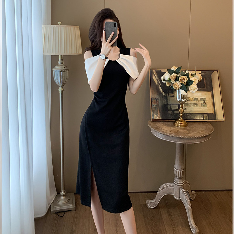 设计感小众露肩袖连衣裙女夏季2025新款气质收腰开叉裙子洋气显瘦