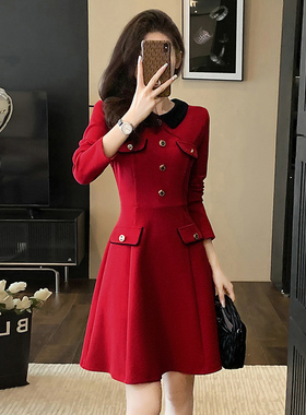 秋季2025新款女装红色收腰连衣裙高级感减龄修身显瘦长袖气质裙子