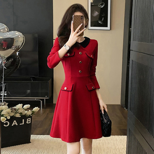 秋季2025新款女装红色收腰连衣裙高级感减龄修身显瘦长袖气质裙子