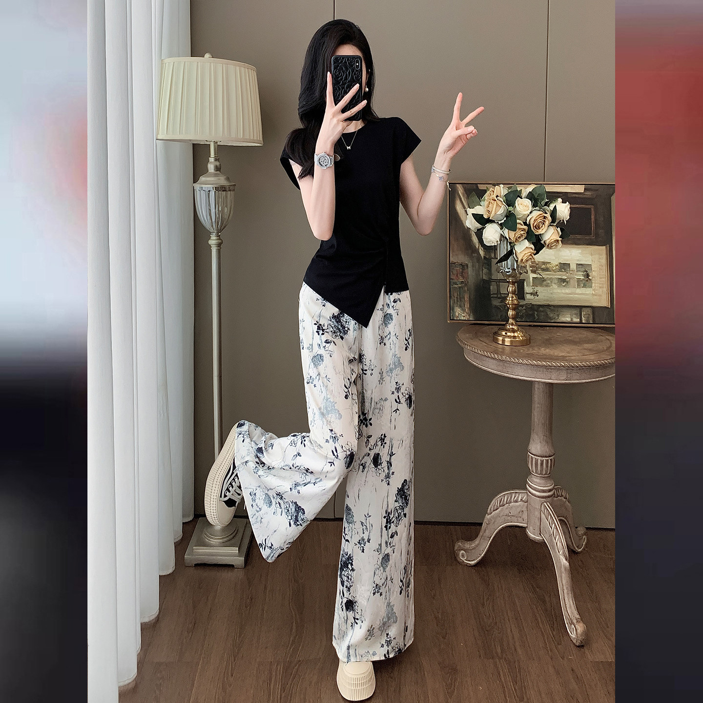 2025夏季新款时尚套装女高级感气质名媛短袖上衣高腰阔腿裤两件套