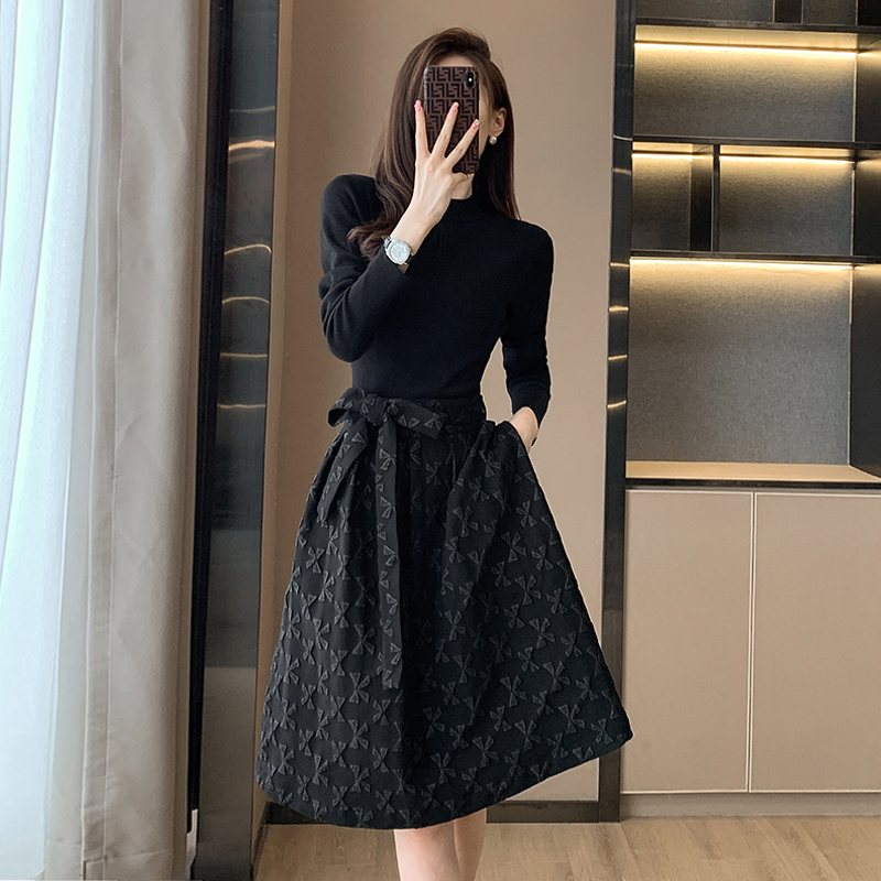 长袖黑色针织连衣裙子