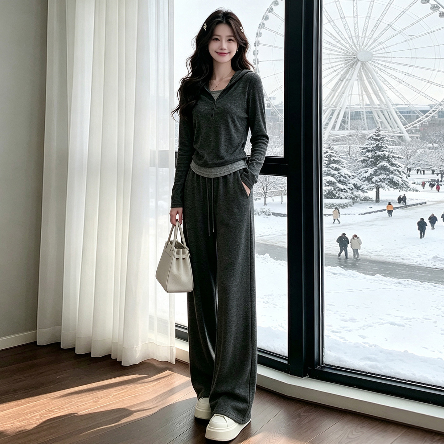 秋季女连帽阔腿显瘦减龄三件套